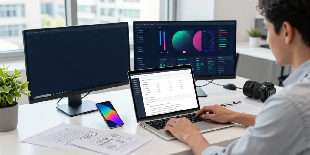 SEO specialist analyzing instant indexing strategies and performance metrics in a professional office.